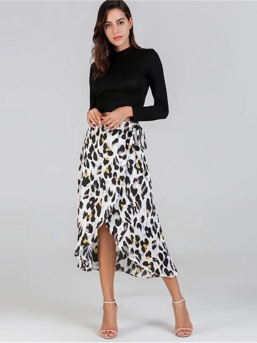 Jeuvre Cream Leopard Print Wrap Midi Skirt Glam Satin Feel Cheetah Print Flowy S